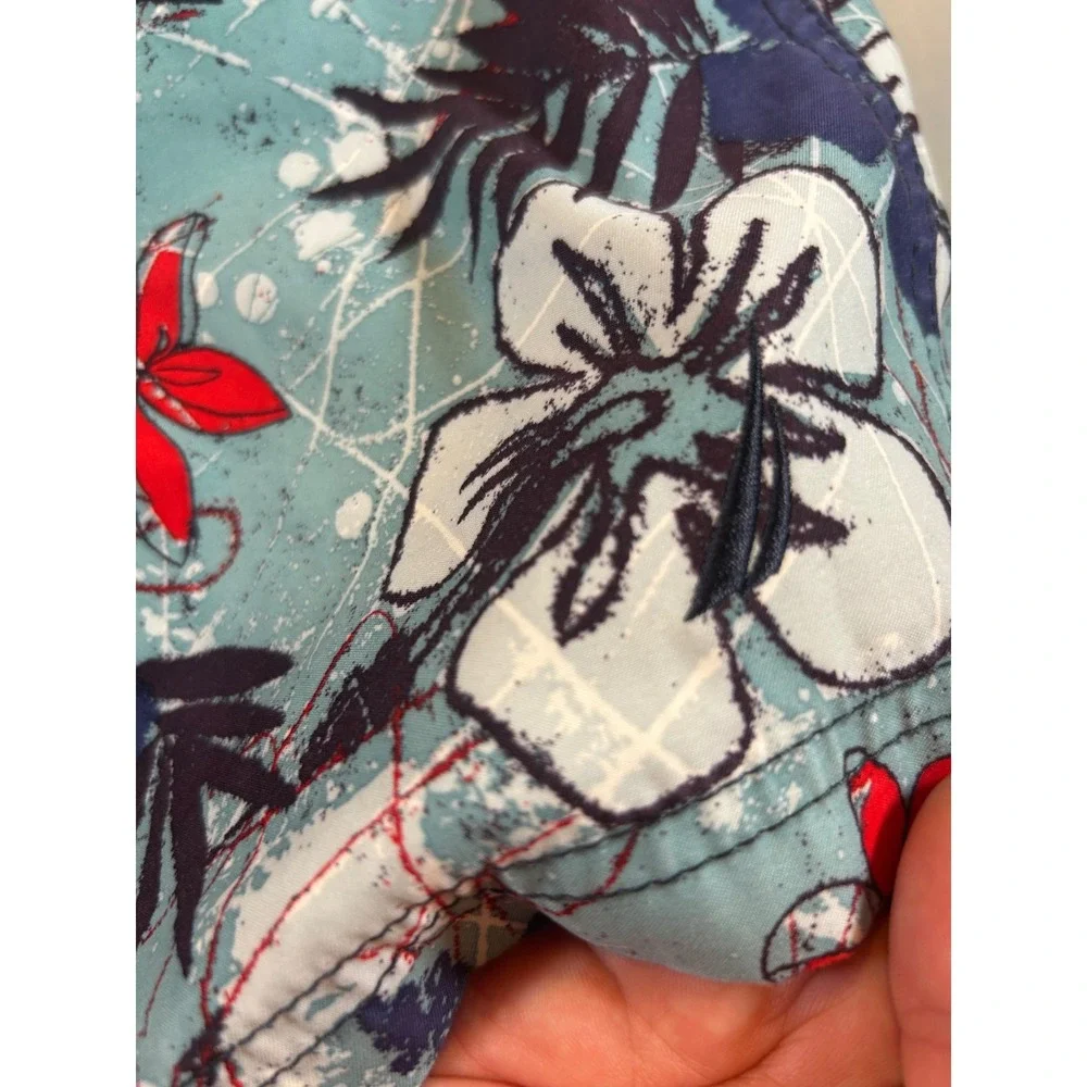 Nautica Mens Tropical Hibiscus Floral Swim Trunks Teal Blue Medium Board Shorts